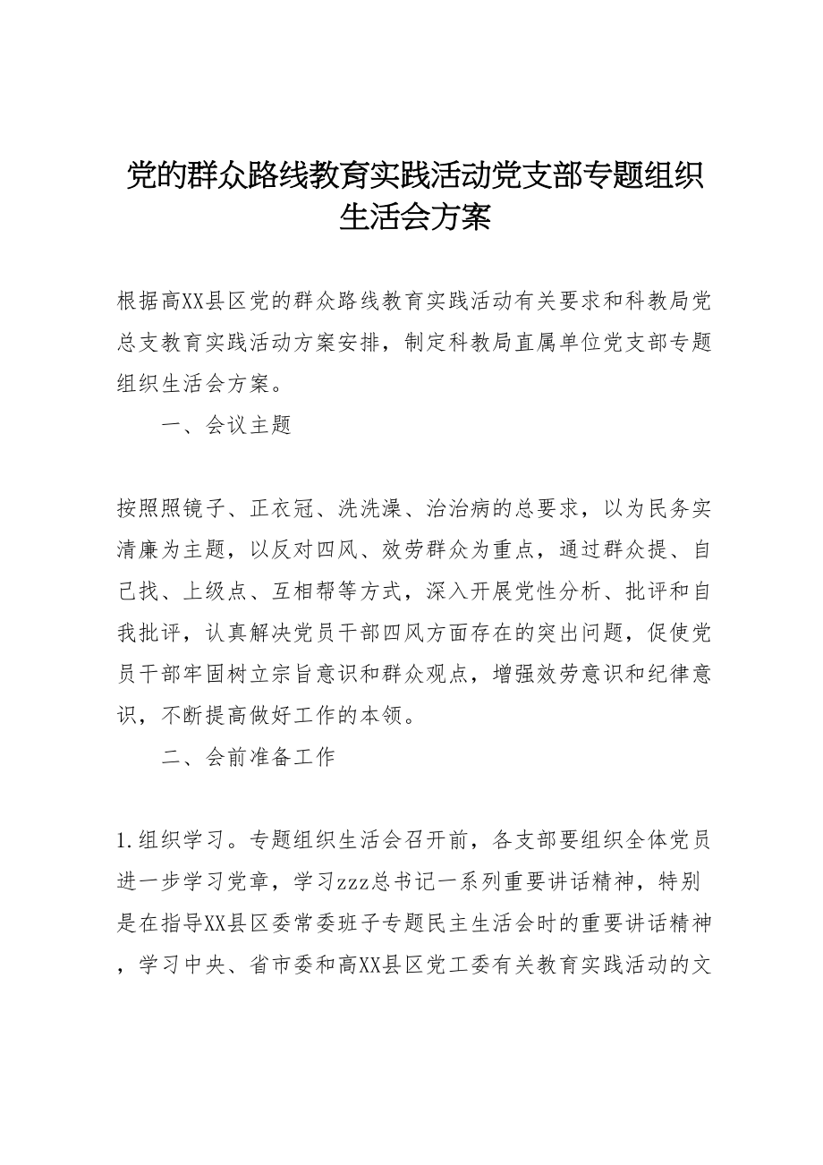 2023年党的群众路线教育实践活动党支部专题组织生活会方案.doc_第1页