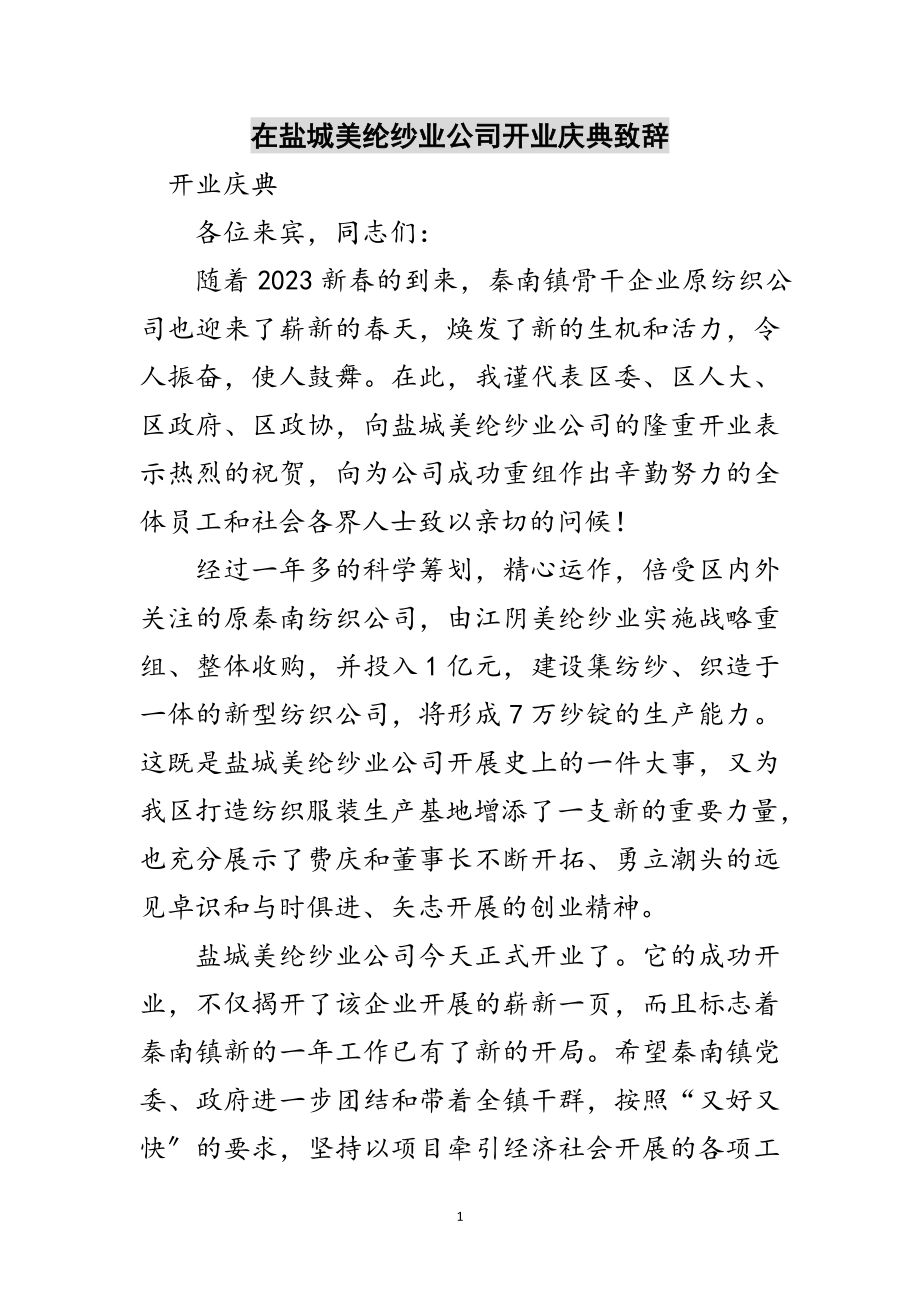 2023年在盐城美纶纱业公司开业庆典致辞范文.doc_第1页