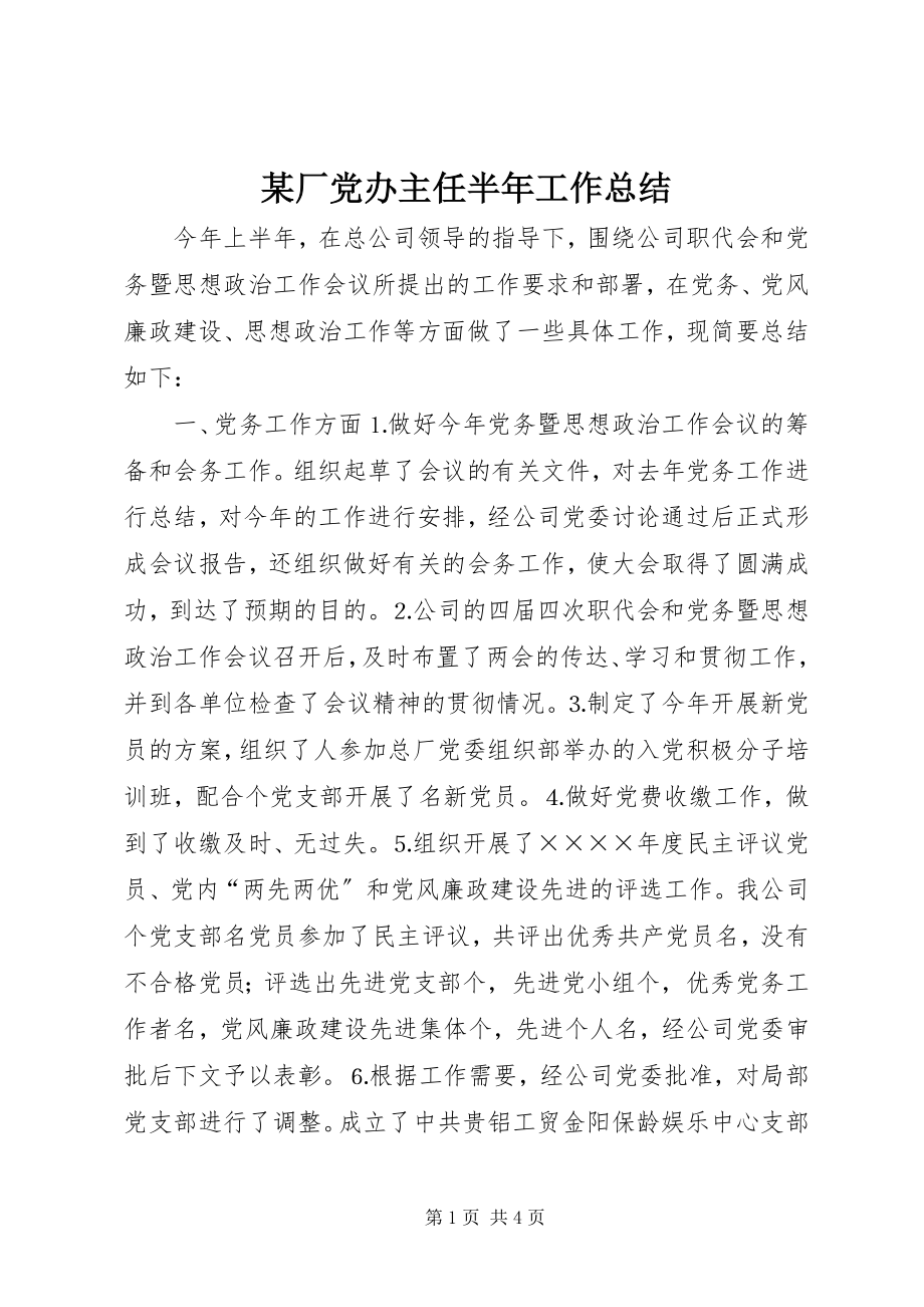 2023年某厂党办主任半工作总结.docx_第1页