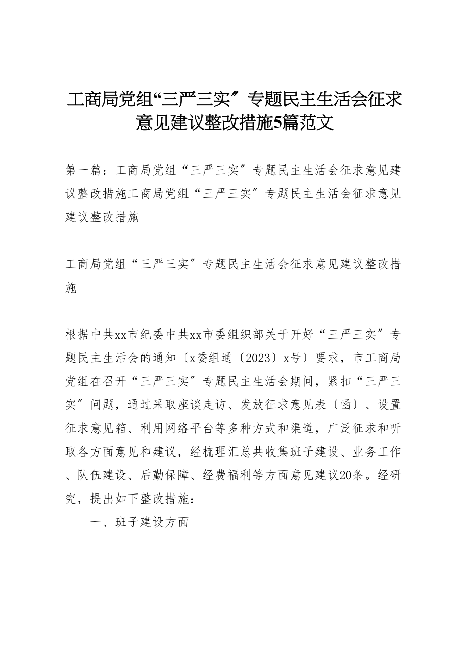 2023年工商局党组三严三实专题民主生活会征求意见建议整改措施5篇范文.doc_第1页