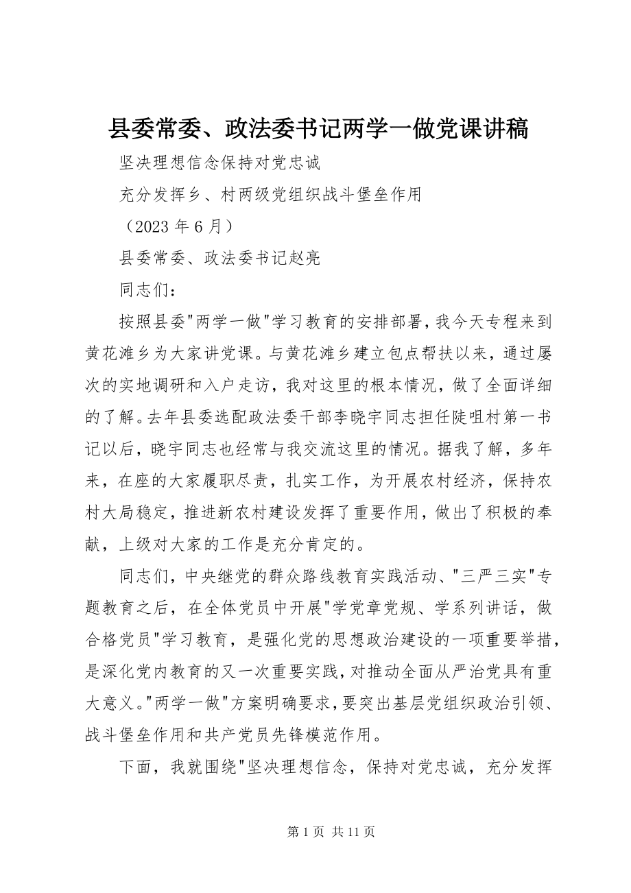 2023年县委常委政法委书记两学一做党课讲稿.docx_第1页