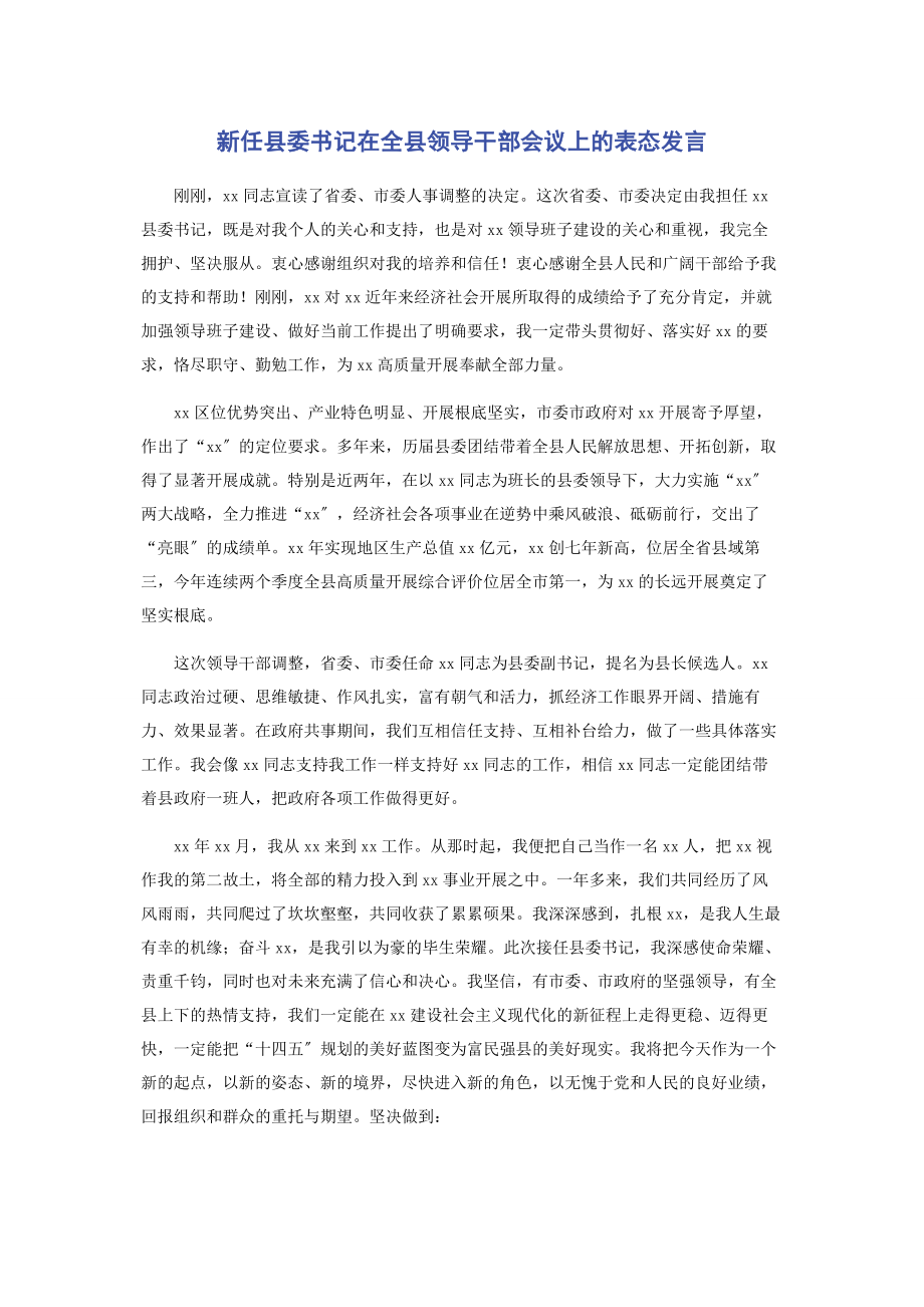 2023年新任县委书记在全县领导干部会议上的表态发言.docx_第1页