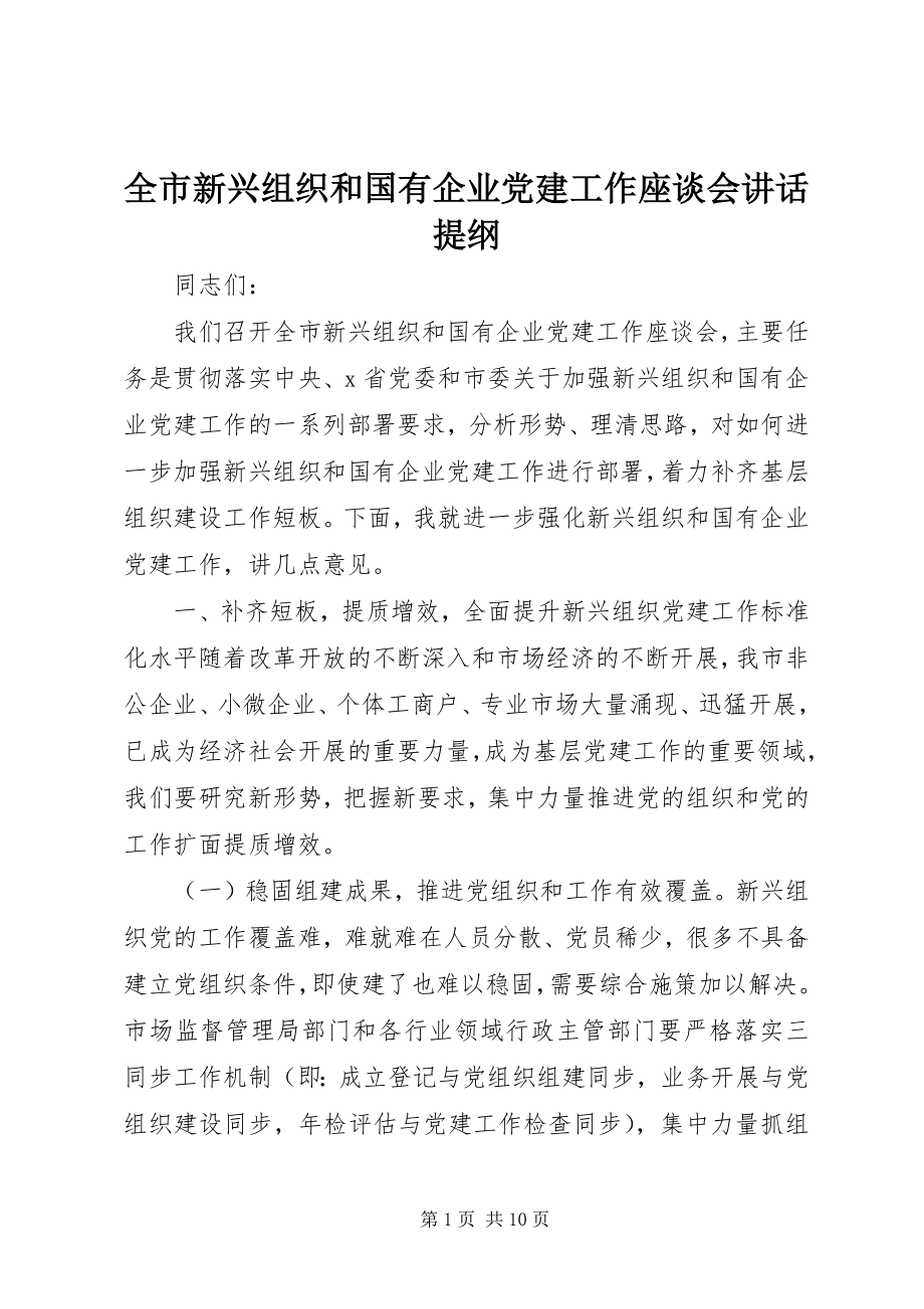 2023年全市新兴组织和国有企业党建工作座谈会致辞提纲.docx_第1页