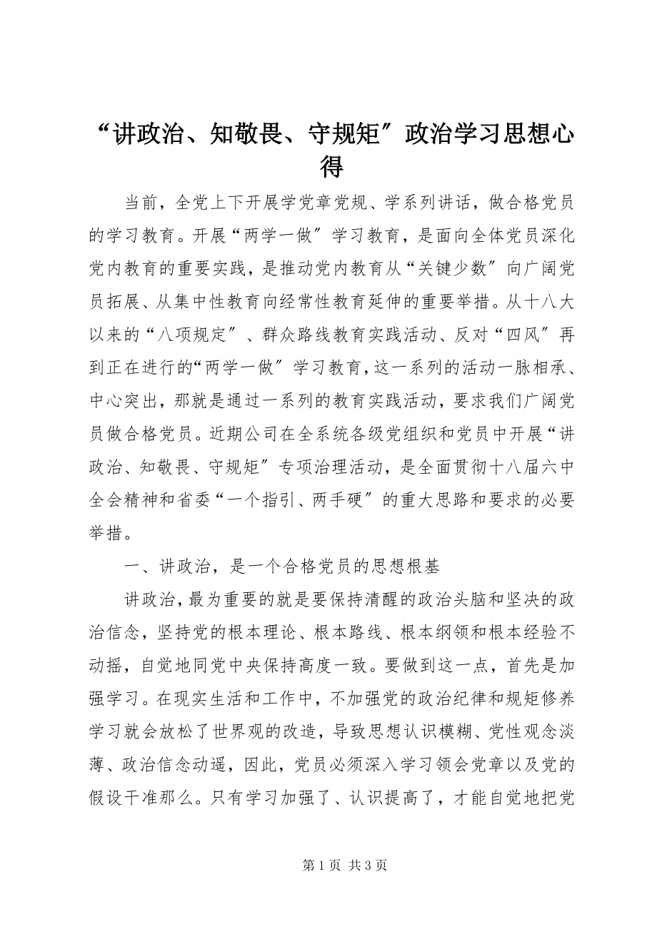 2023年讲政治知敬畏守规矩政治学习思想心得.docx_第1页