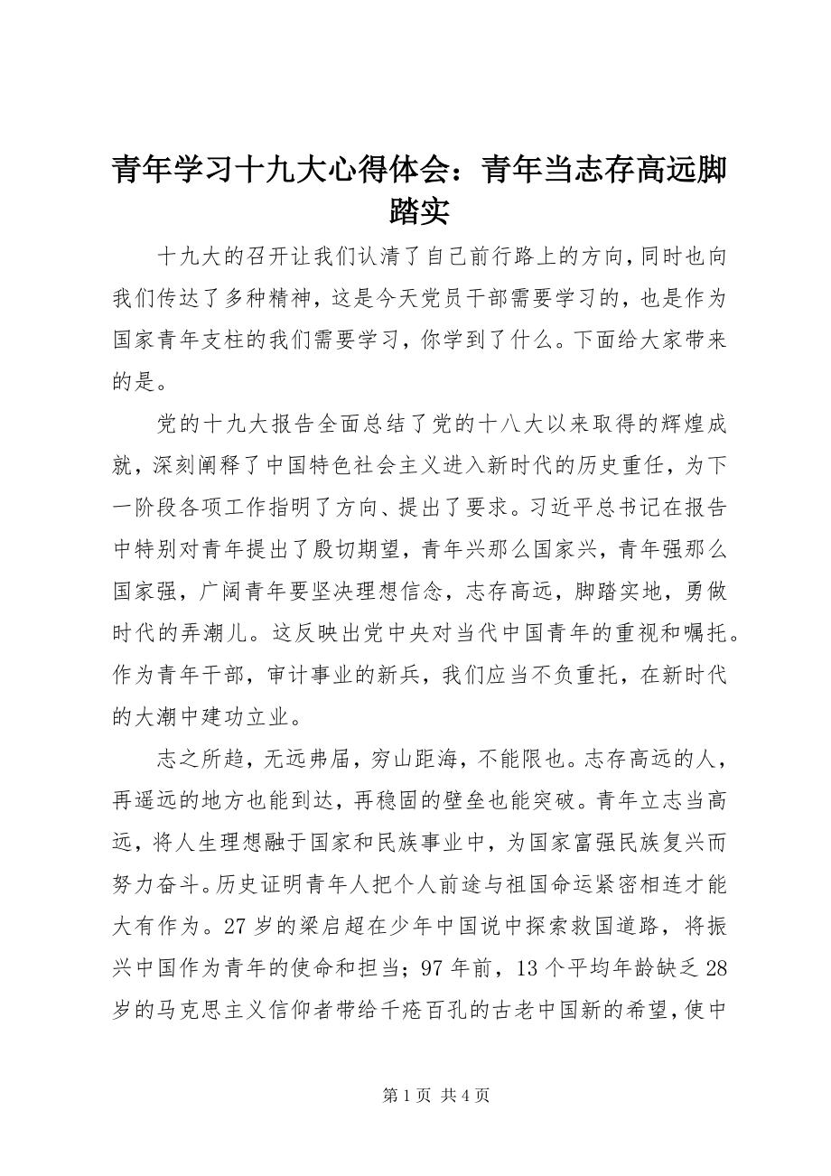 2023年青年学习十九大心得体会青年当志存高远脚踏实.docx_第1页