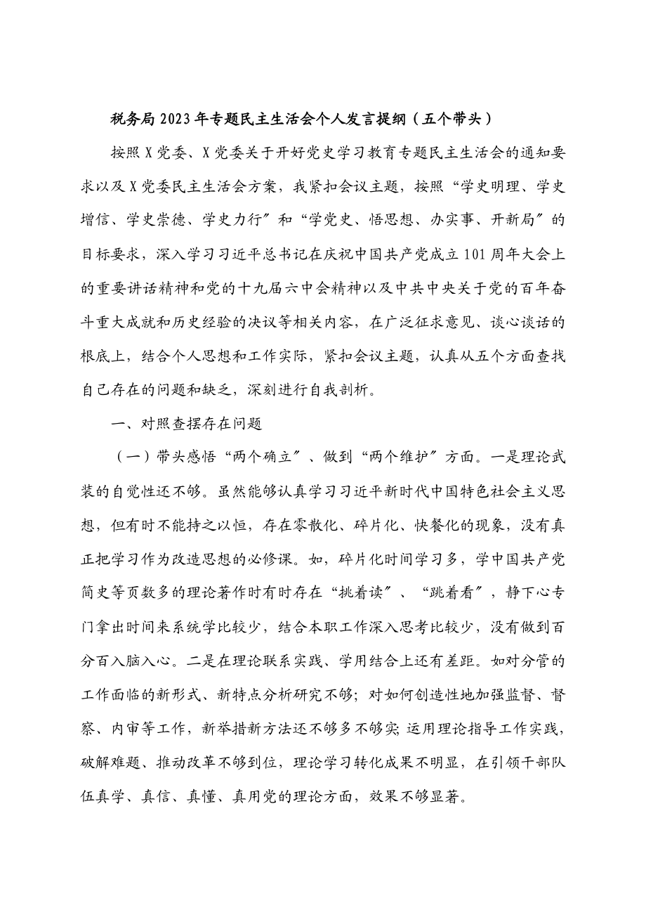 税务局2023年专题民主生活会个人发言提纲五个带头.docx_第1页