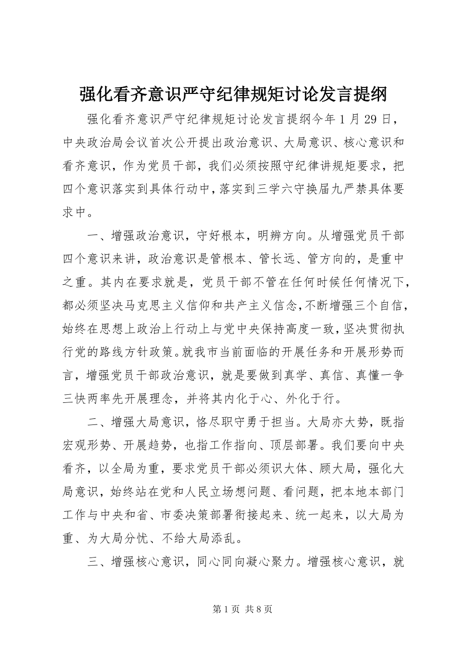 2023年强化看齐意识严守纪律规矩讨论讲话提纲.docx_第1页