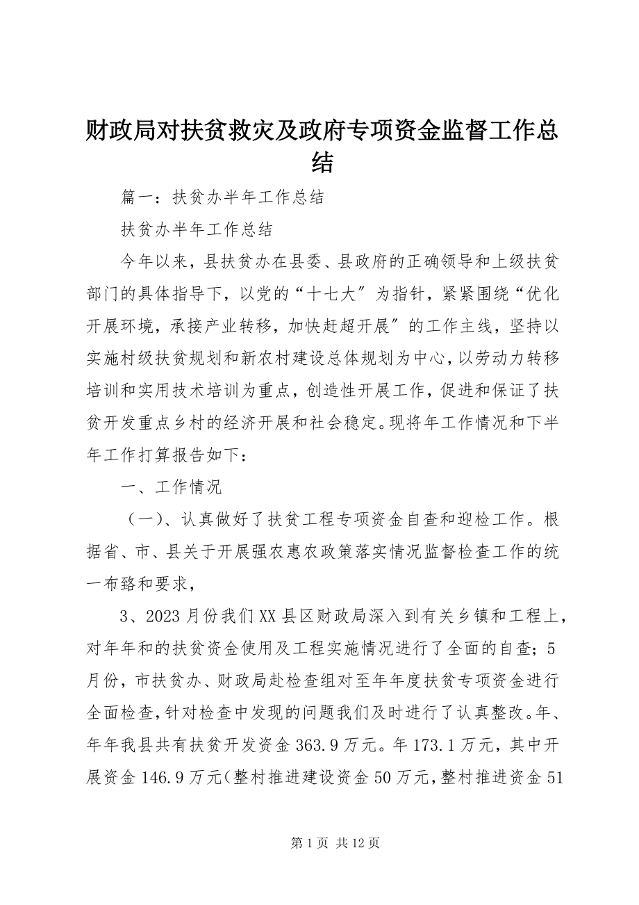 2023年财政局对扶贫救灾及政府专项资金监督工作总结.docx_第1页