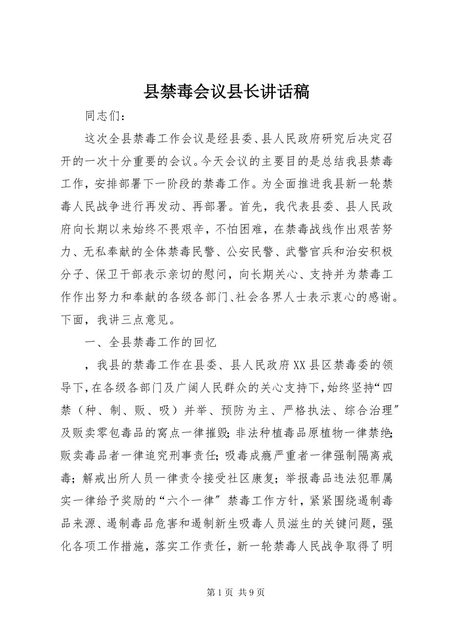 2023年县禁毒会议县长致辞稿.docx_第1页