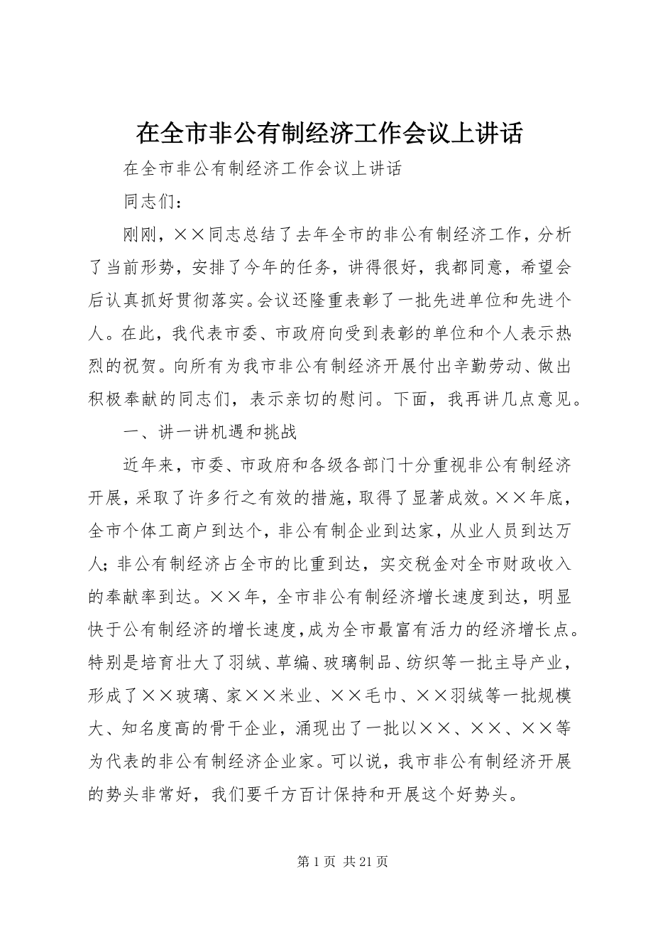 2023年在全市非公有制经济工作会议上致辞.docx_第1页