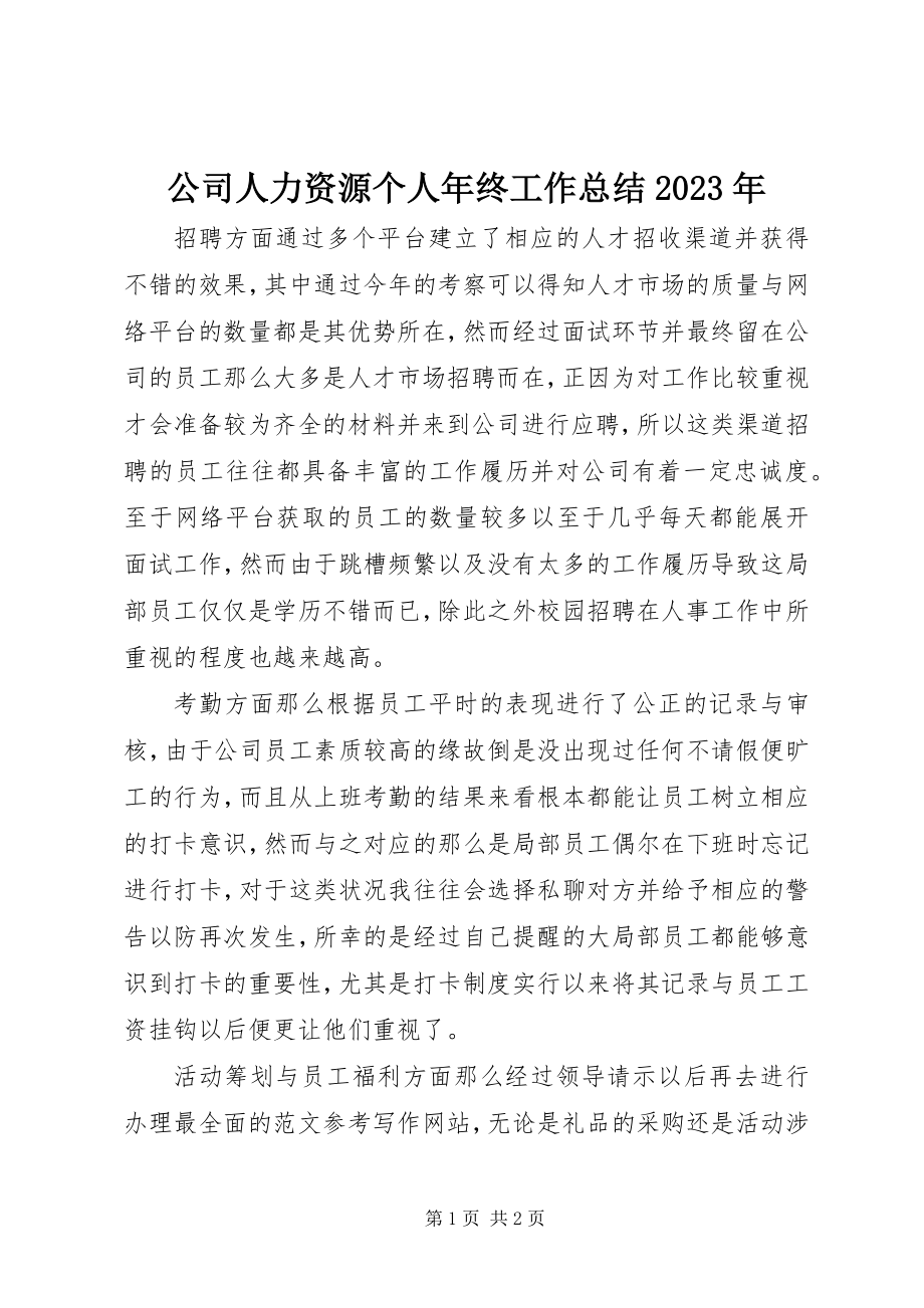 2023年公司人力资源个人年终工作总结某年.docx_第1页