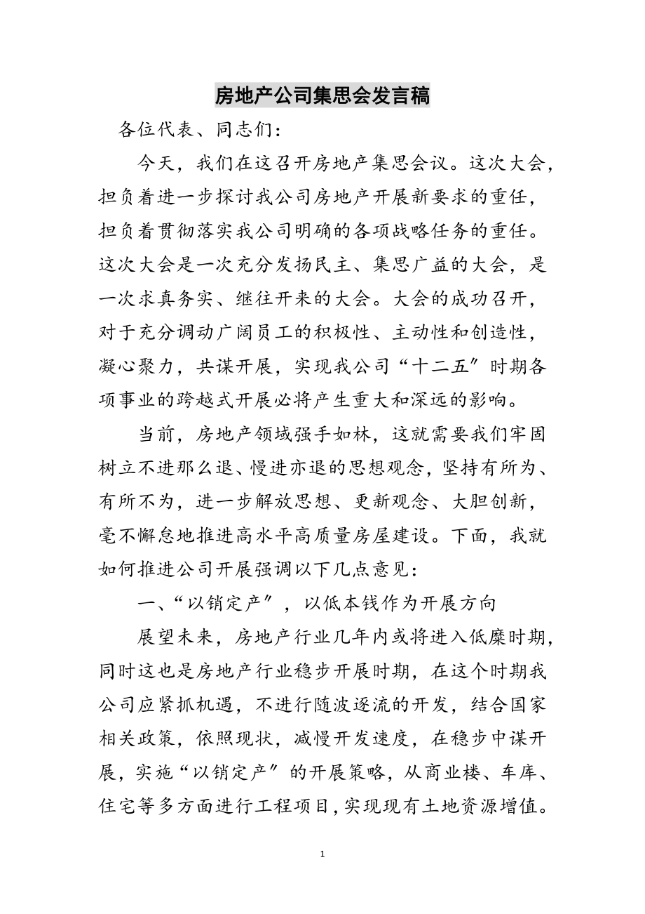 2023年房地产公司集思会发言稿范文.doc_第1页