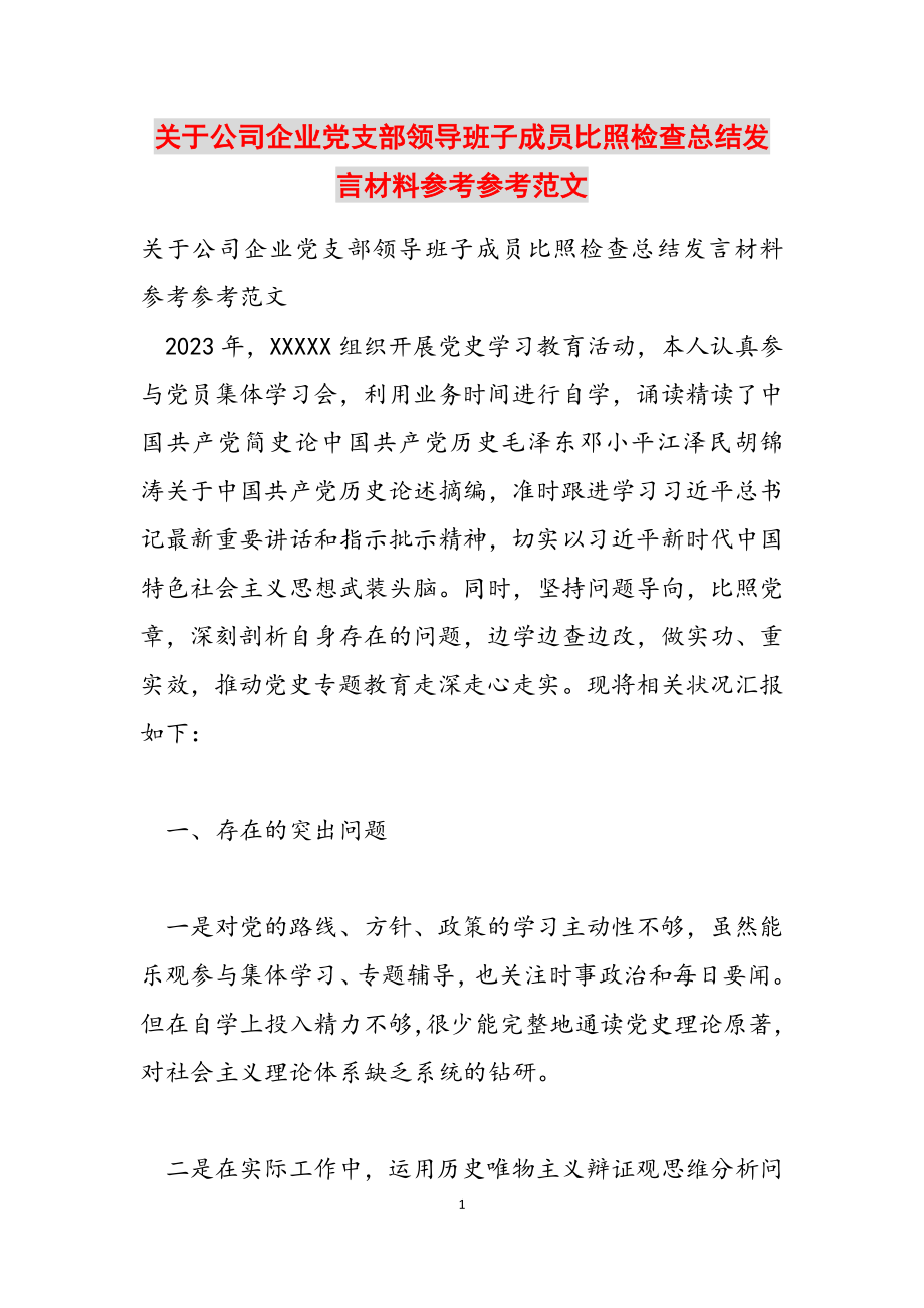 2023年公司企业党支部领导班子成员对照检查总结发言材料.docx_第1页