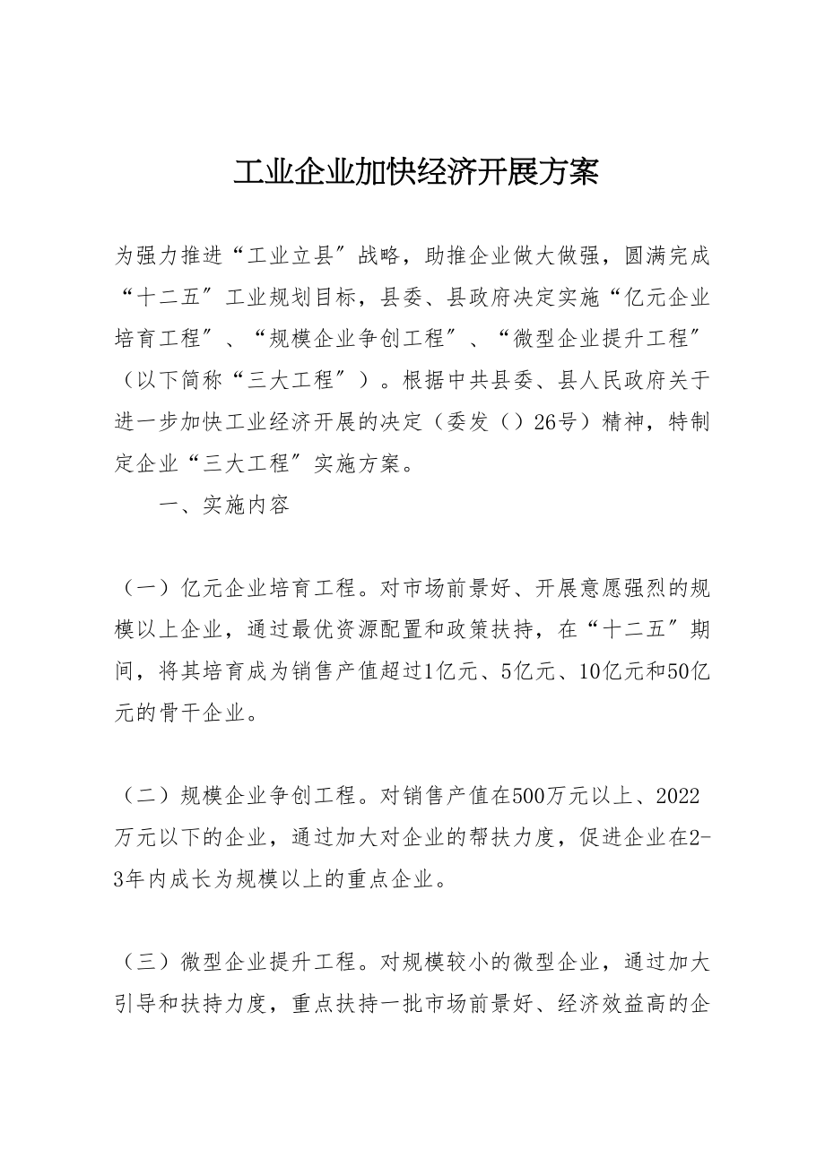 2023年工业企业加快经济发展方案.doc_第1页