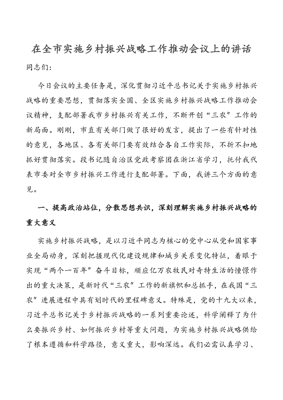 2023年在全市实施乡村振兴战略工作推进会议上的讲话.doc_第1页