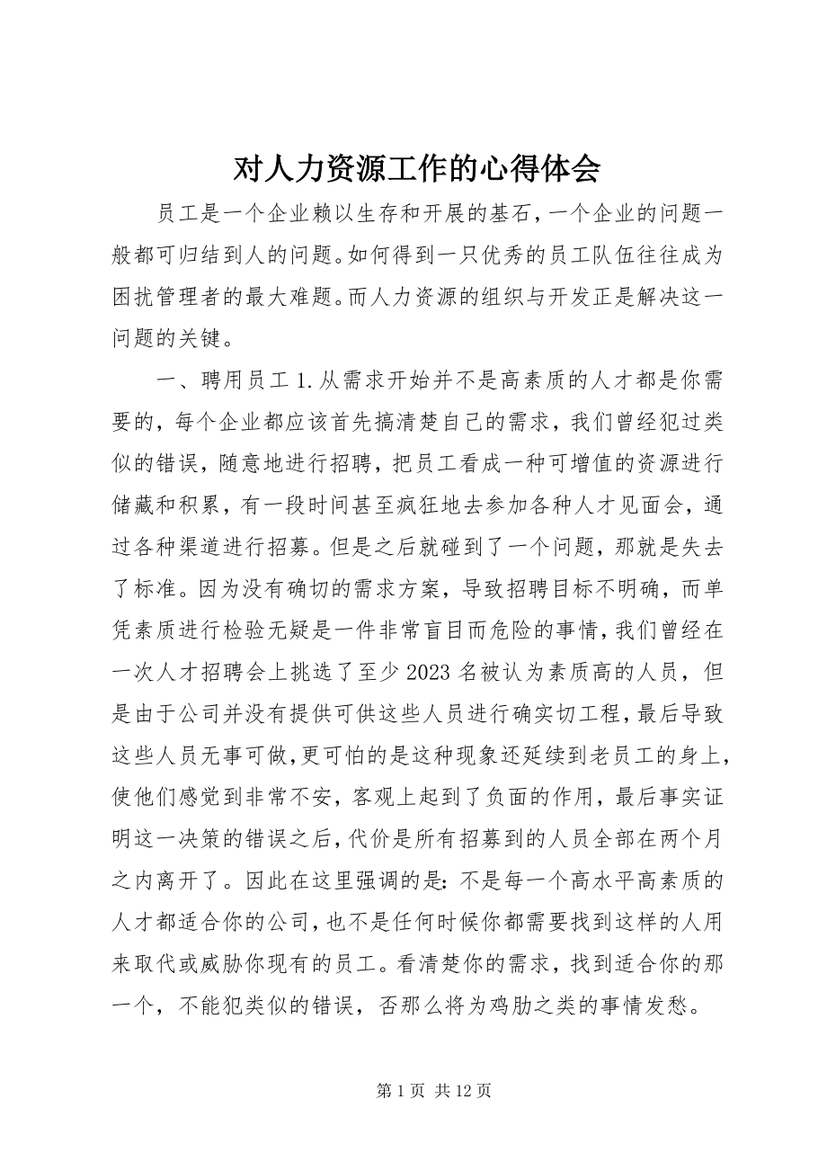 2023年对人力资源工作的心得体会.docx_第1页