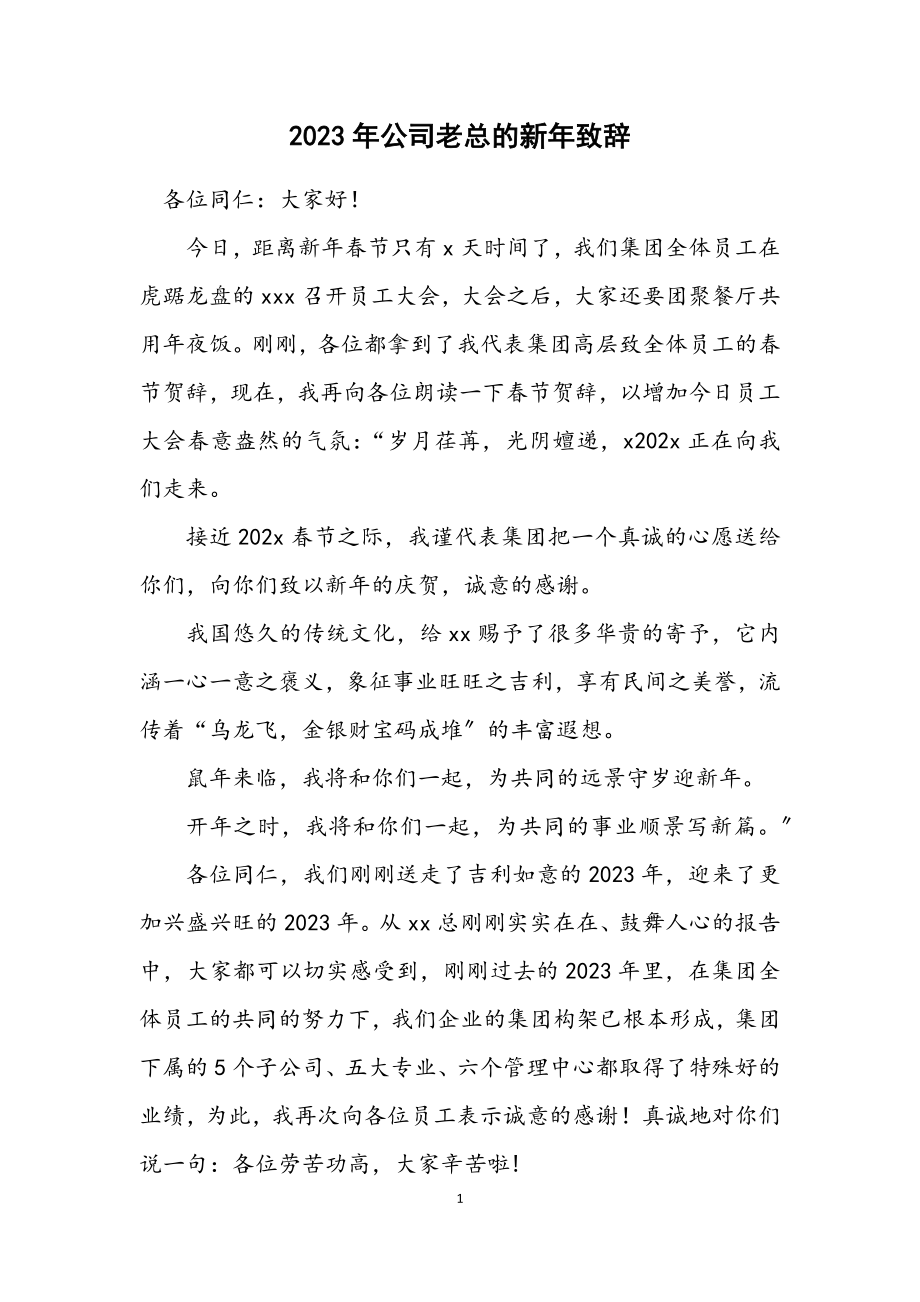 2023年公司老总的新年致辞.docx_第1页