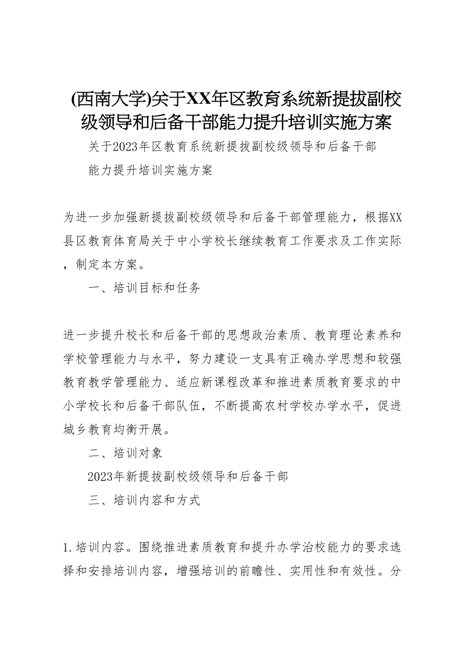 2023年关于年区教育系统新提拔副校级领导和后备干部能力提升培训实施方案.doc_第1页