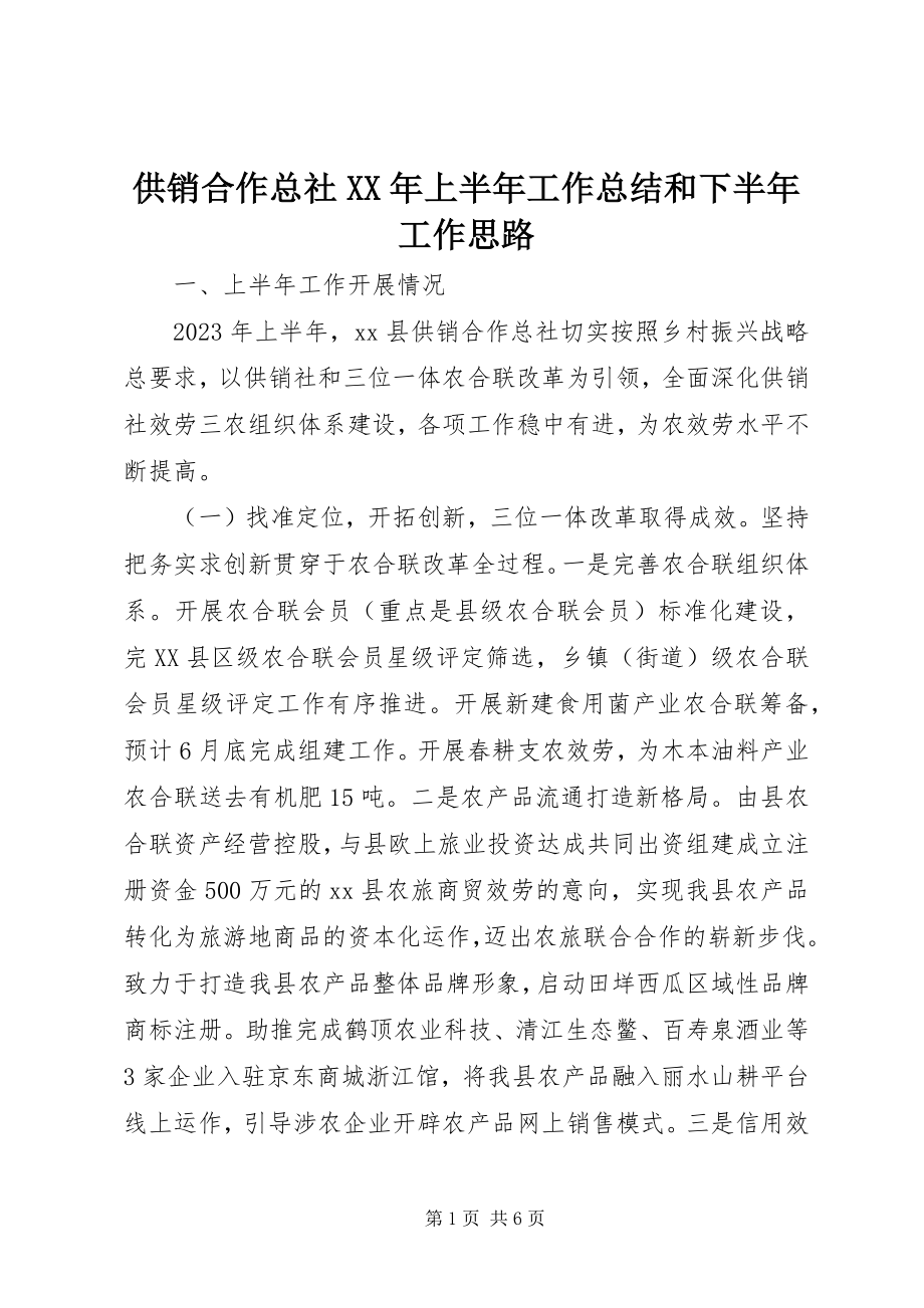 2023年供销合作总社某年上半年工作总结和下半年工作思路.docx_第1页