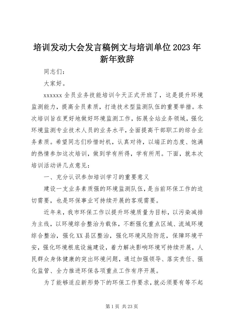 2023年培训动员大会讲话稿例文与培训单位新年致辞.docx_第1页