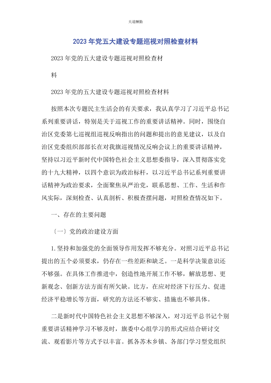 2023年党五大建设专题巡视对照检查材料.docx_第1页