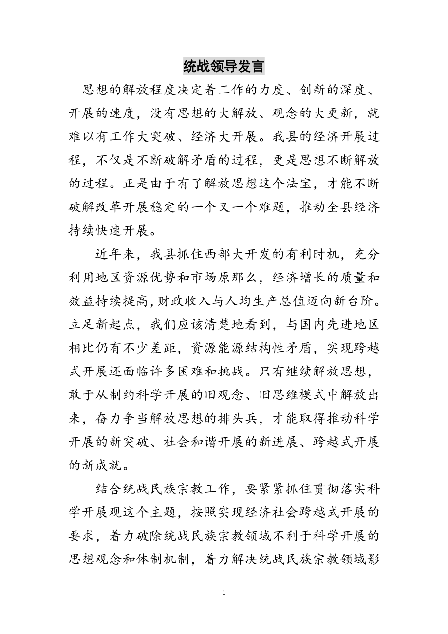 2023年统战领导发言范文.doc_第1页