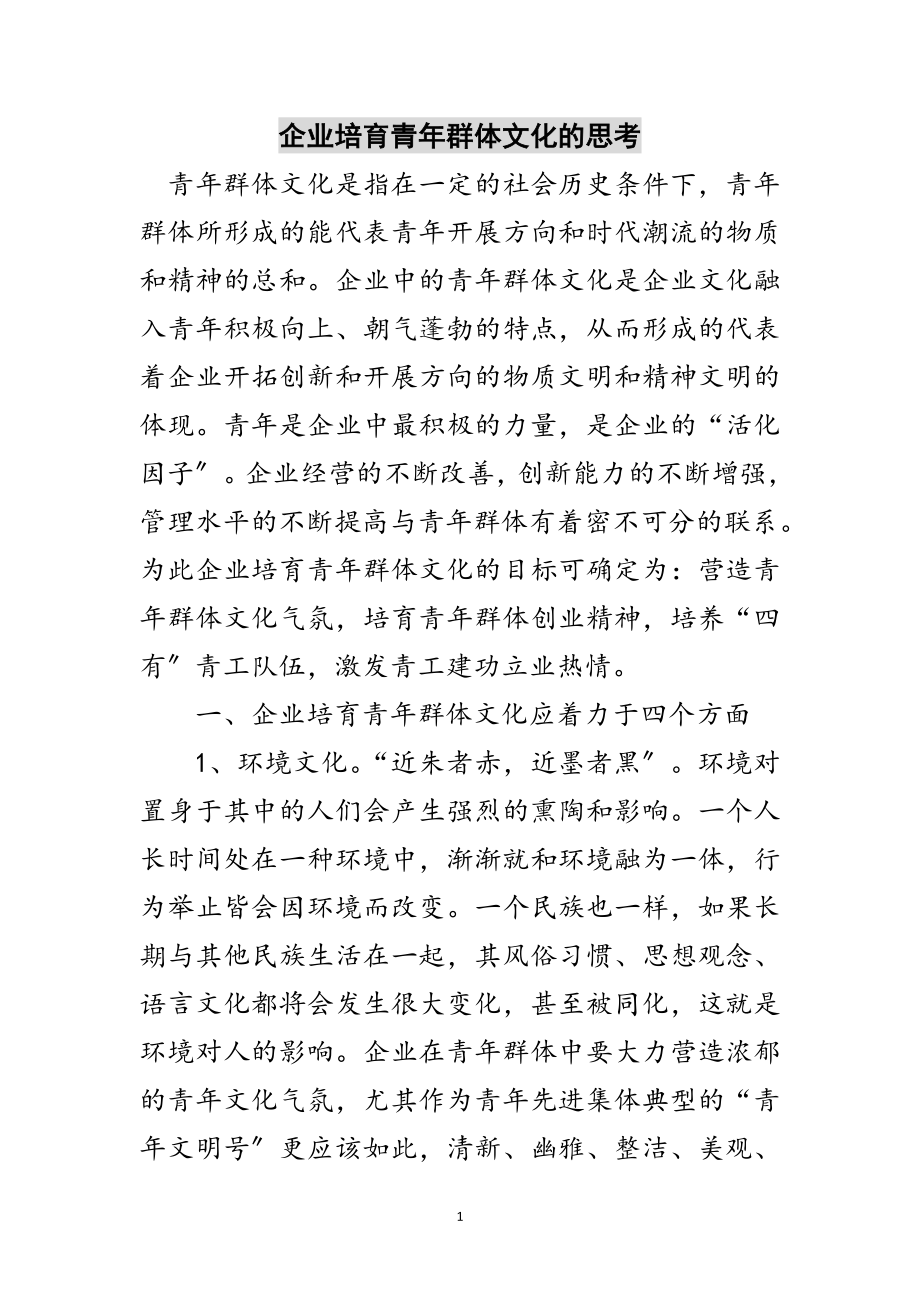 2023年企业培育青年群体文化的思考范文.doc_第1页