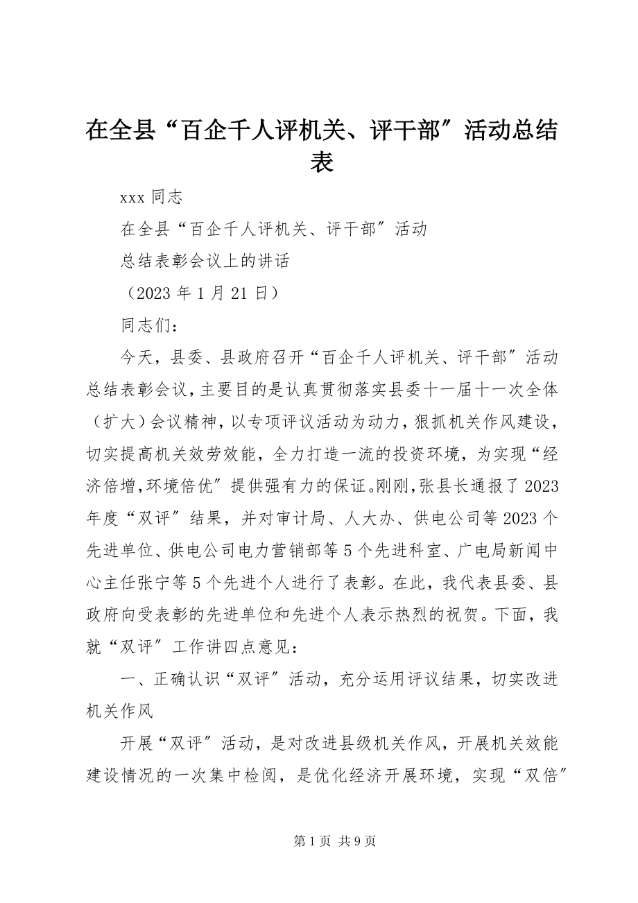 2023年在全县“百企千人评机关评干部”活动总结表.docx_第1页