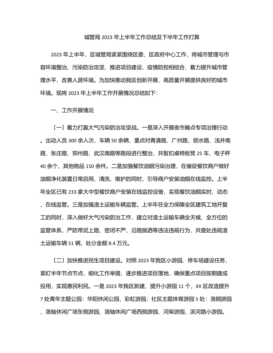 城管局2023年上半年工作总结及下半年工作打算.docx_第1页