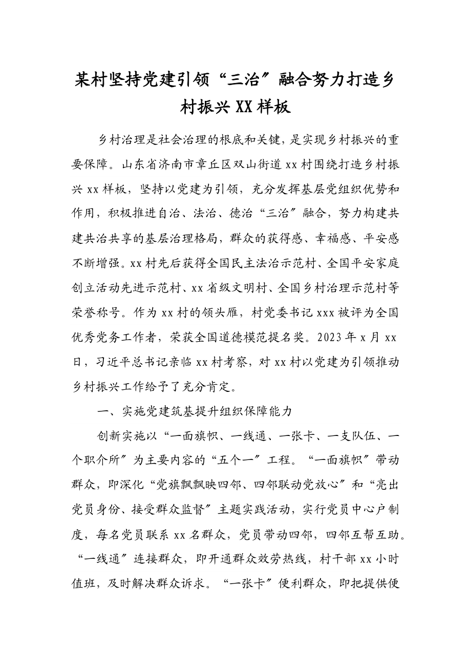 2023年某村坚持党建引领“三治”融合努力打造乡村振兴xx样板2.docx_第1页