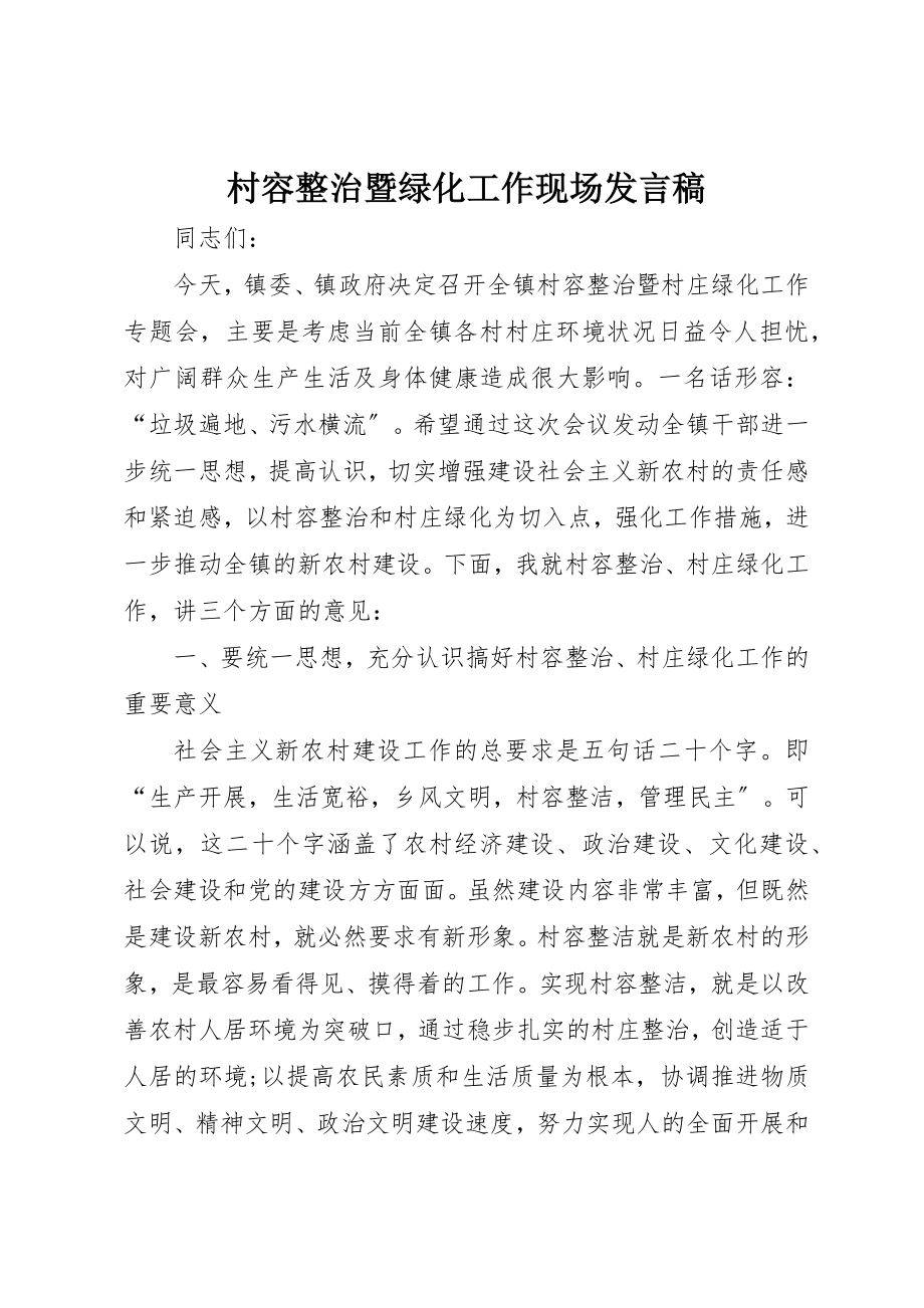 2023年村容整治暨绿化工作现场讲话稿新编.docx_第1页