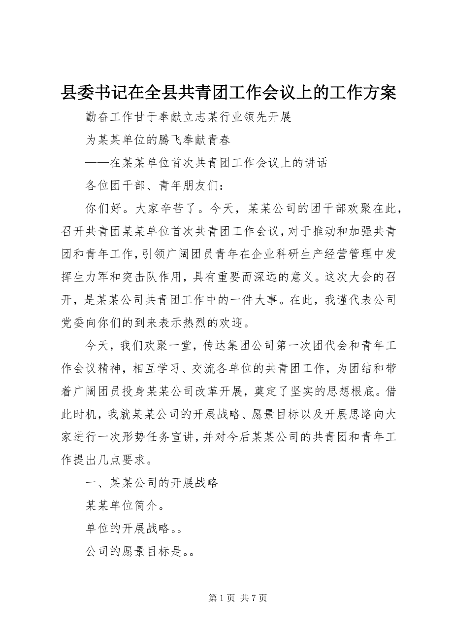 2023年县委书记在全县共青团工作会议上的工作计划.docx_第1页