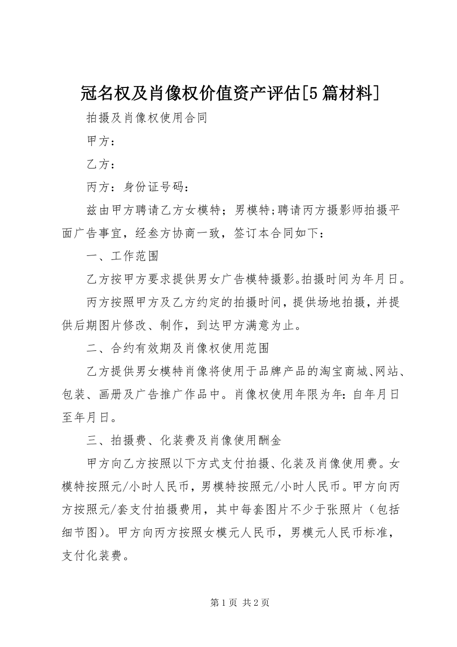 2023年冠名权及肖像权价值资产评估[5篇材料.docx_第1页