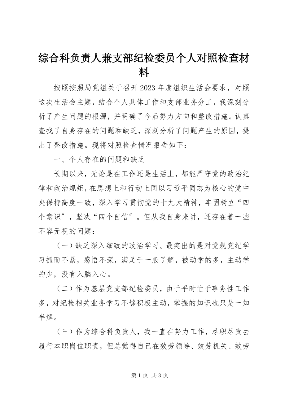 2023年综合科负责人兼支部纪检委员个人对照检查材料.docx_第1页