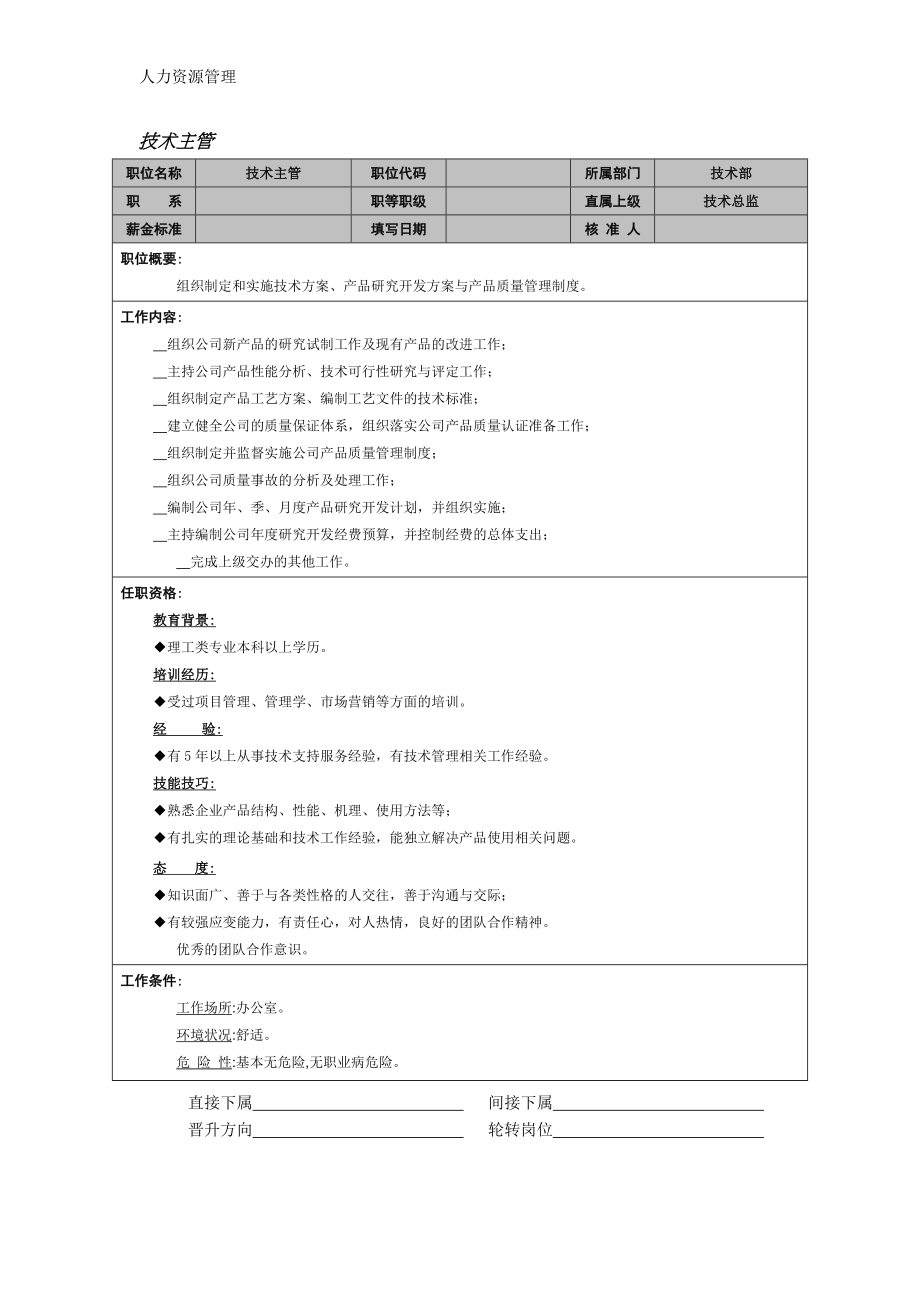 人力资源管理 企业管理 岗位说明 技术主管.docx_第1页