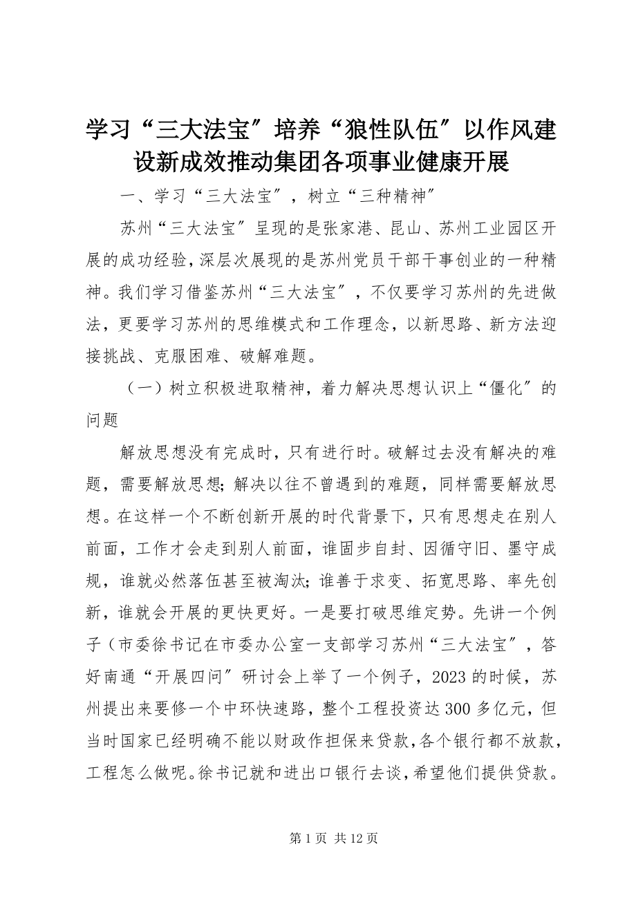 2023年学习“三大法宝”培养“狼性队伍”以作风建设新成效推动集团各项事业健康发展.docx_第1页