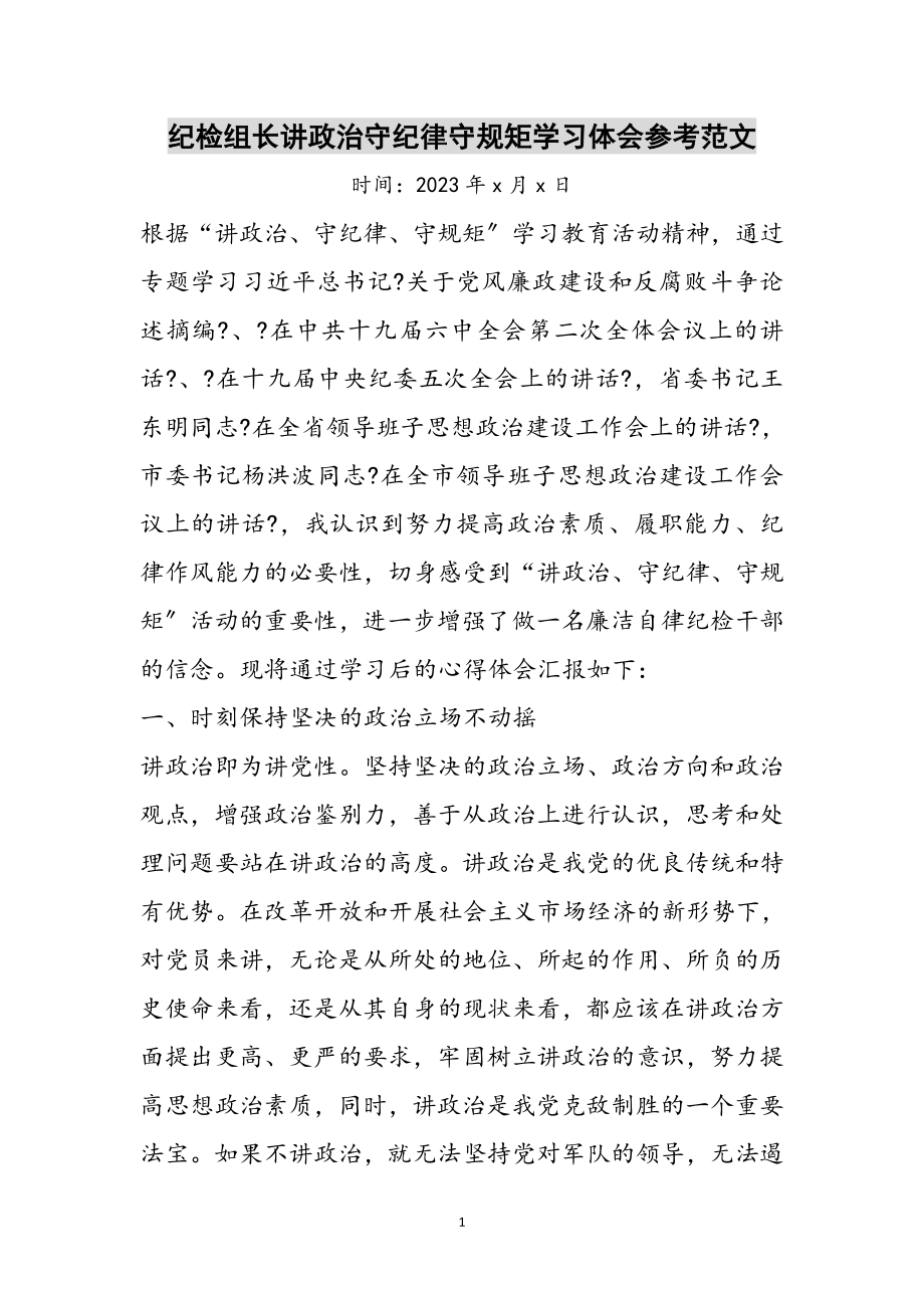 2023年纪检组长讲政治守纪律守规矩学习体会参考范文.doc_第1页