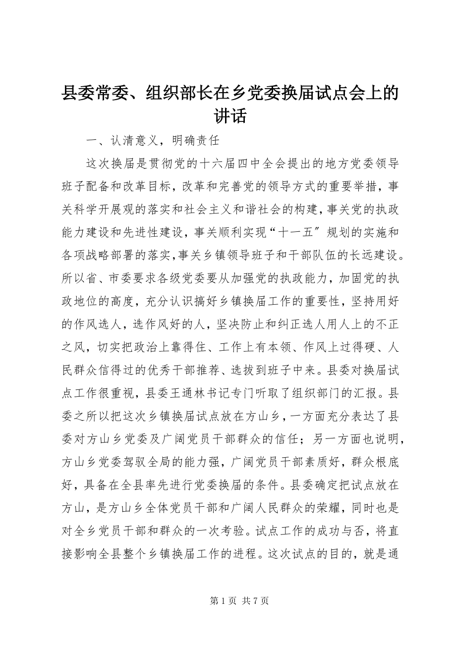 2023年县委常委组织部长在乡党委换届试点会上的致辞.docx_第1页