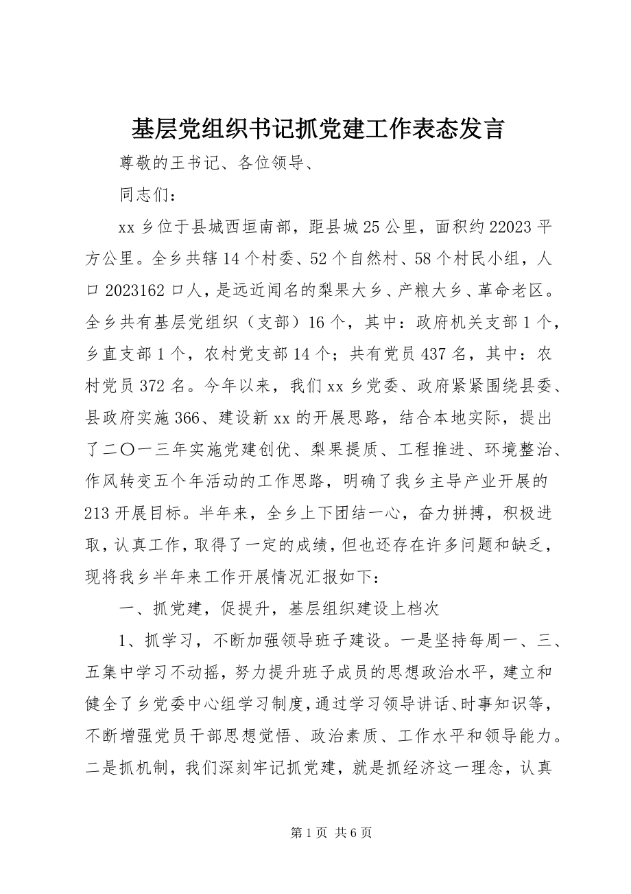 2023年基层党组织书记抓党建工作表态讲话.docx_第1页