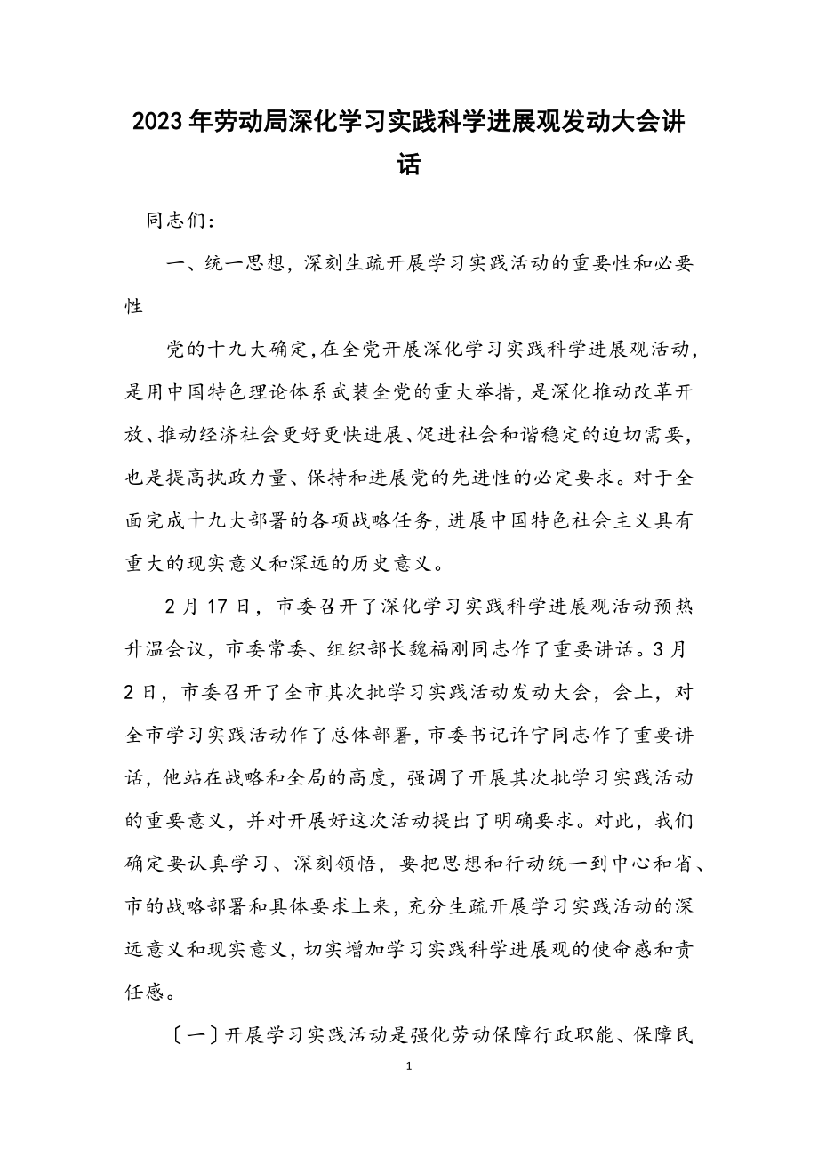 2023年劳动局深入学习实践科学发展观动员大会讲话.docx_第1页