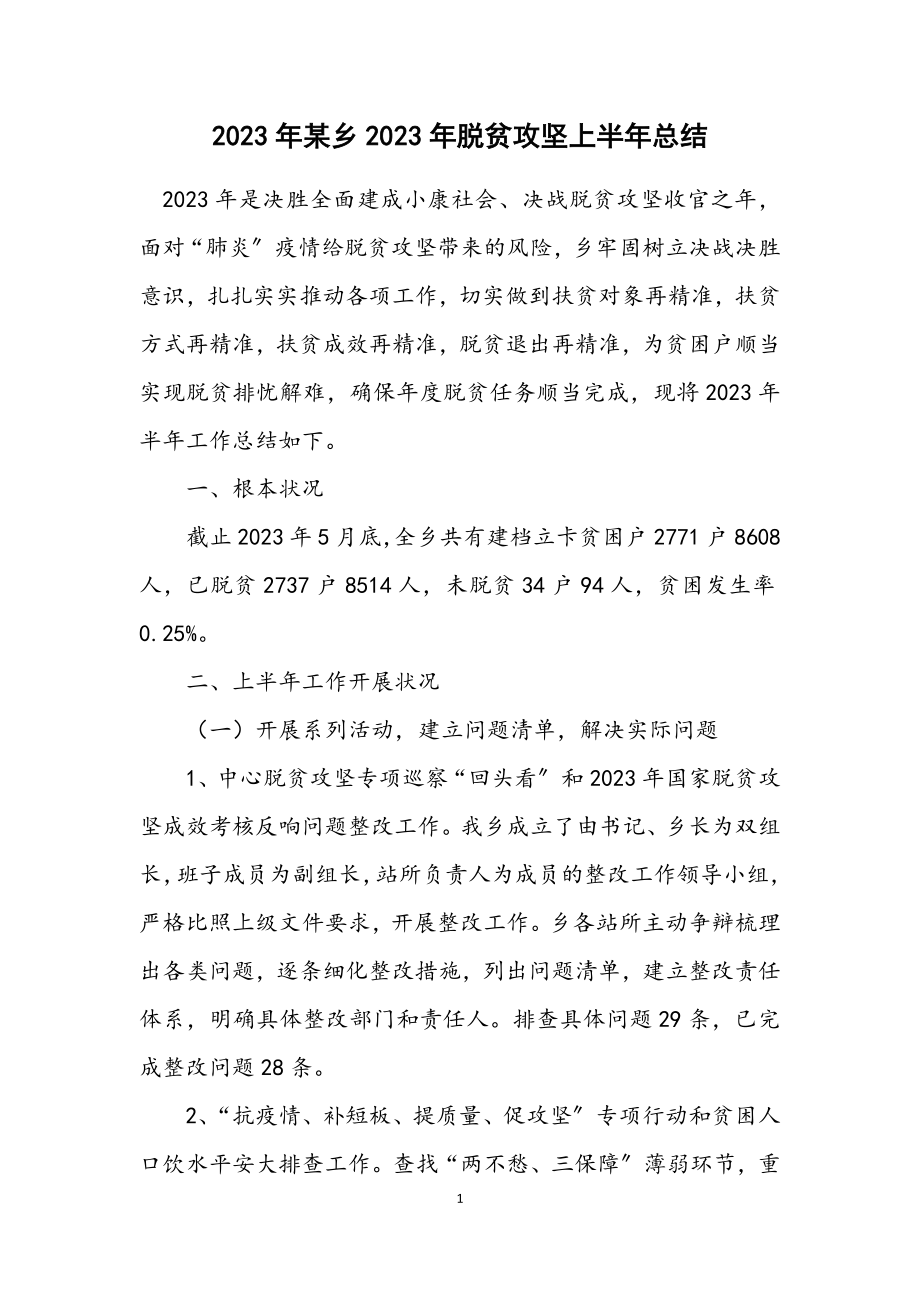 2023年某乡2023年脱贫攻坚上半年总结.docx_第1页