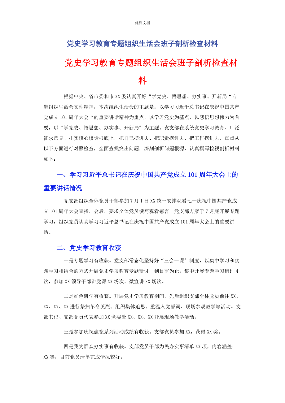 2023年党史学习教育专题组织生活会班子剖析检查.docx_第1页