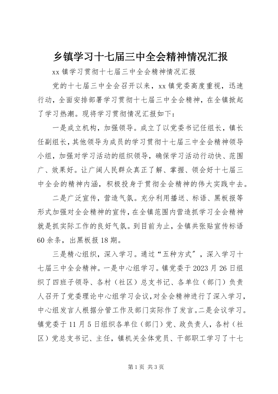 2023年乡镇学习十七届三中全会精神情况汇报.docx_第1页