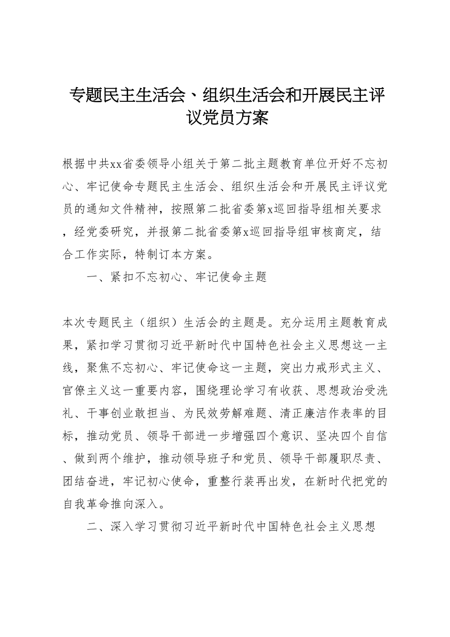 2023年专题民主生活会组织生活会和开展民主评议党员方案.doc_第1页