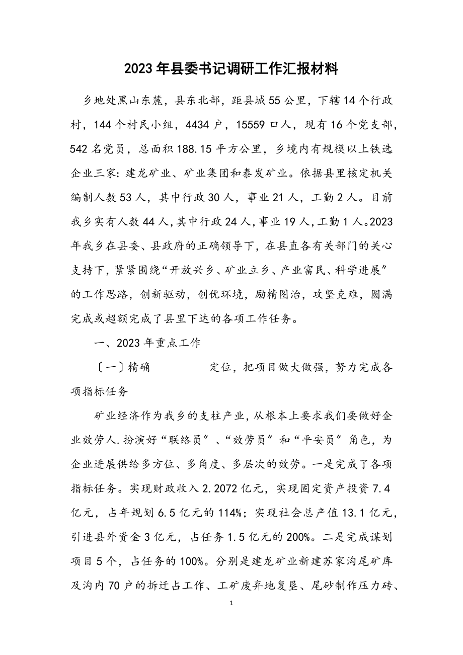 2023年县委书记调研工作汇报材料.docx_第1页