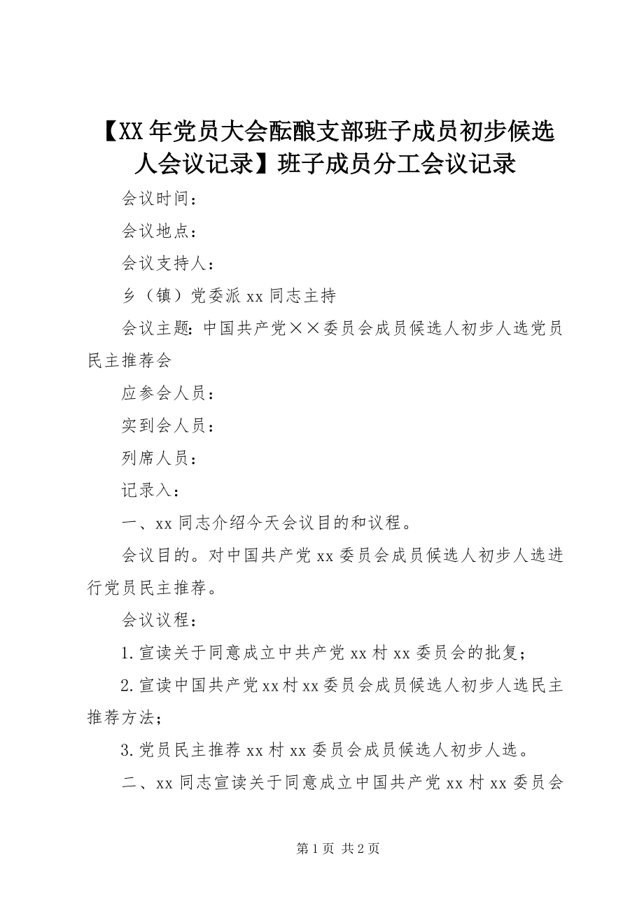 2023年党员大会酝酿支部班子成员初步候选人会议记录班子成员分工会议记录新编.docx_第1页