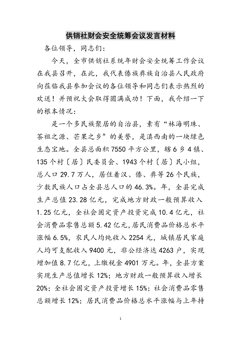 2023年供销社财会安全统筹会议发言材料范文.doc_第1页