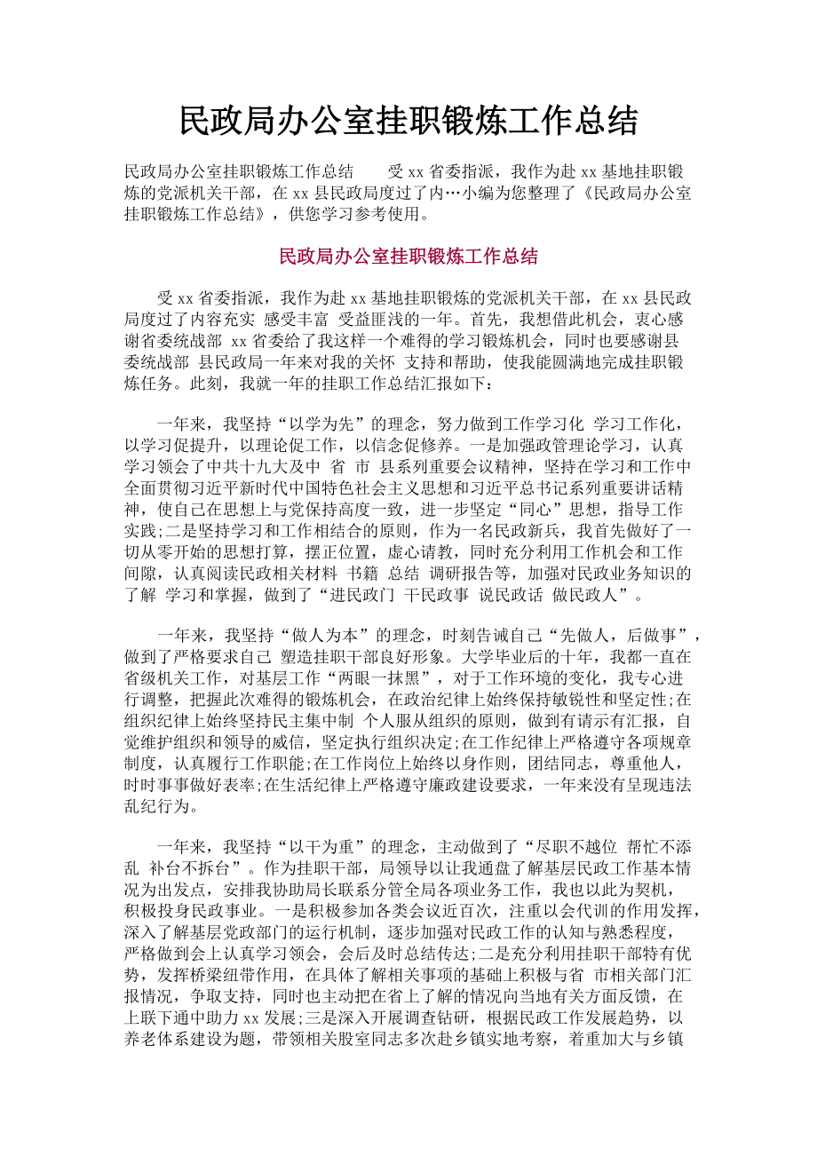 2023年民政局办公室挂职锻炼工作总结.doc_第1页