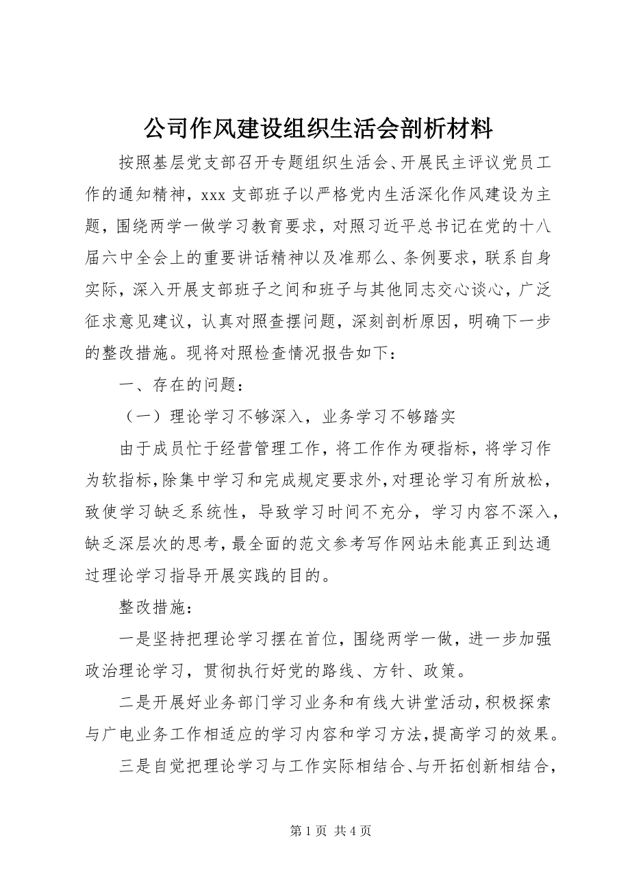 2023年公司作风建设组织生活会剖析材料.docx_第1页