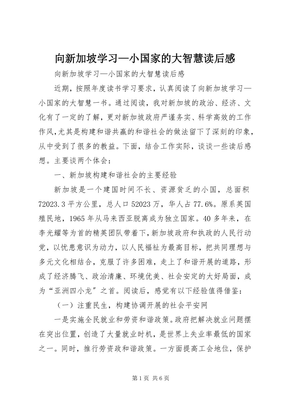 2023年《向新加坡学习小国家的大智慧》读后感.docx_第1页